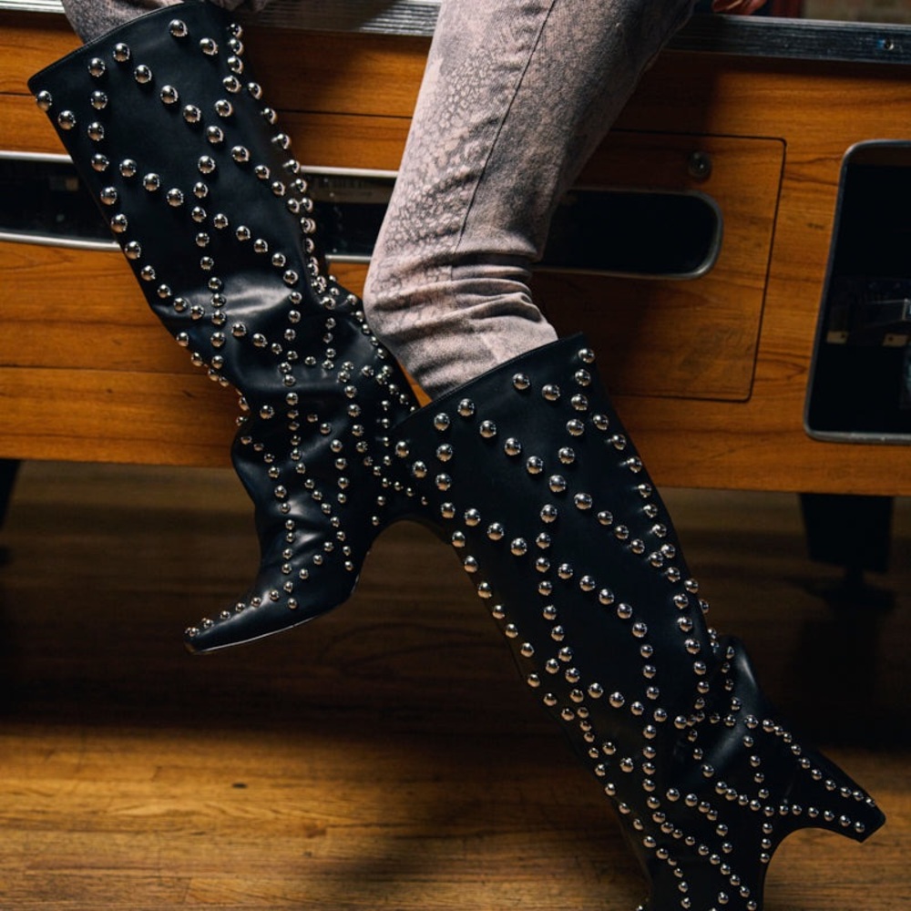 AKIRA Black Studded Heeled Boots - Picture 3 of 5